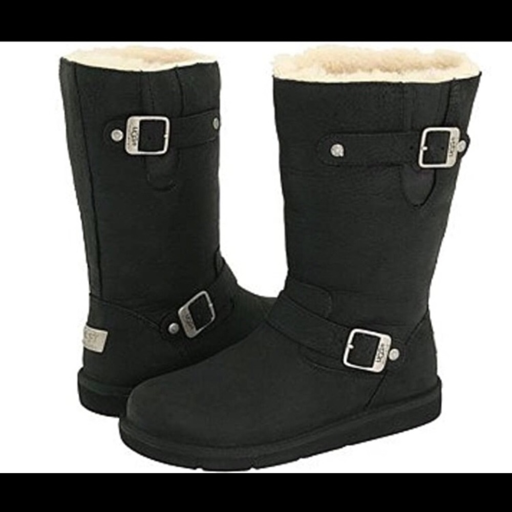 AUTHENTIC UGG KENSINGTON BLACK LEATHER BOOTS SHEEPSKIN LINED SZ 3 WINTER BOOTS
